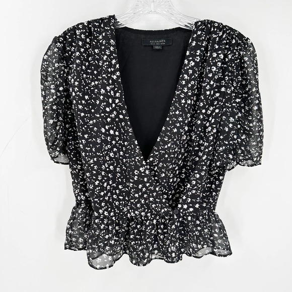 ALLSAINTS Floral Surplice Pippa Faux Wrap Peplum Blouse Women's Size 6 - Picture 1 of 10